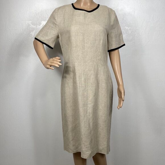 Leslie Fay Vintage Linen Tan And Black Short Sleeve Dress - Picture 1 of 9